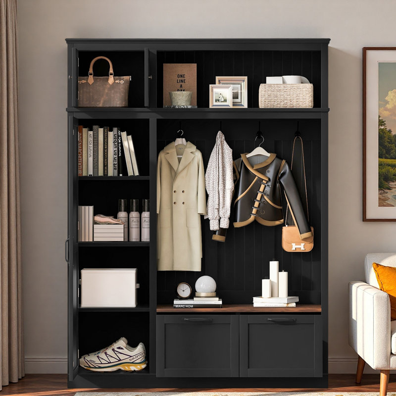 3-in-1 Hall Tree With Top Storage Cabinet, Open Storage, 3 Adjustable Side Shelves, 4 Heavy-duty Hooks, 2 Spacious Drawers And Seat Bench