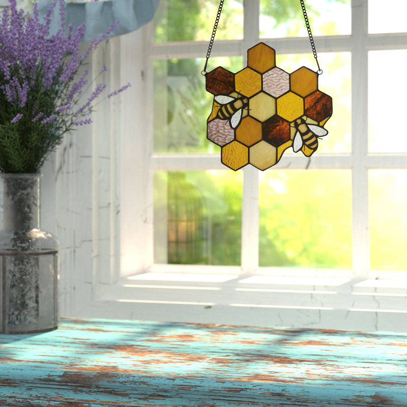 8.25"H Honeycomb Bees Tiffany-Style Window Panel