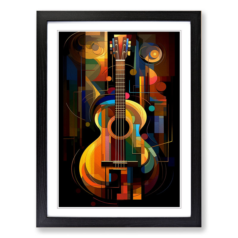 Acoustic Guitar Art Deco No.2 - Single Picture Frame Print on Wood, Black Framed, 46cm H x 34cm W
