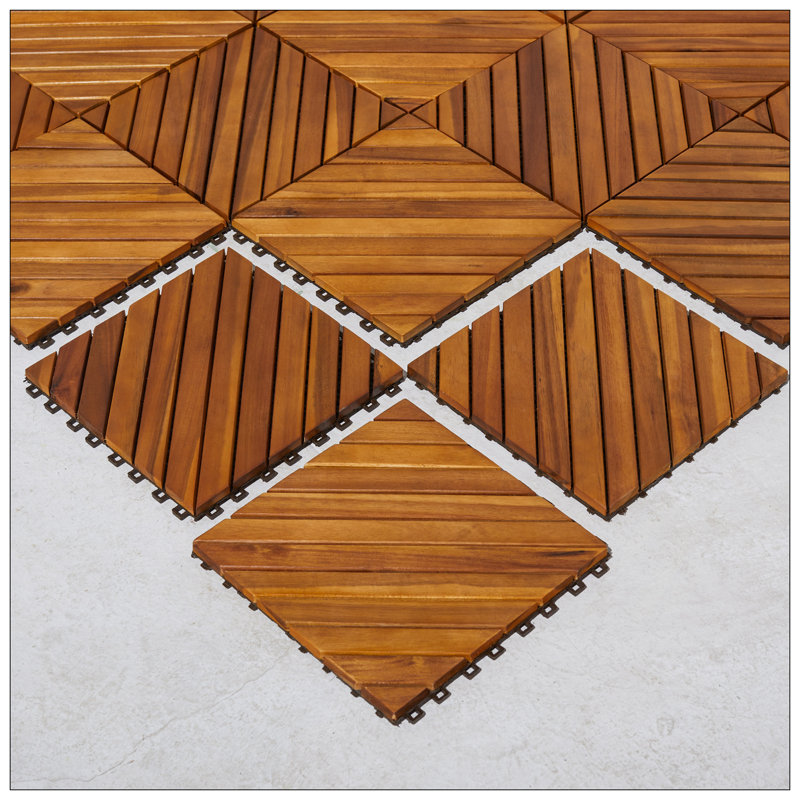 Ensemble de 10 tuiles de terrasse à 12 diagonales en acacia emboîtables, ensemble de 10 pour une installation facile et des solutions de revêtement de sol extérieur ou intérieur durables