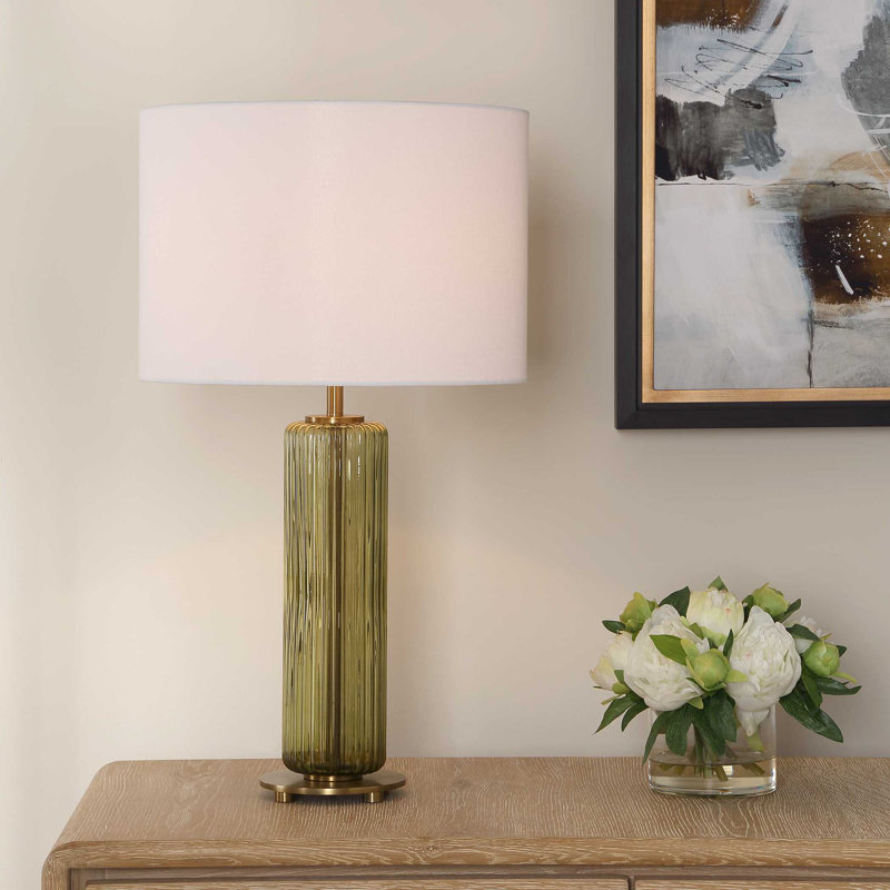  Olive Green Glass Table Lamp – 26" H Cylindrical Lamp with Off-White Linen Shade and Brass Accents