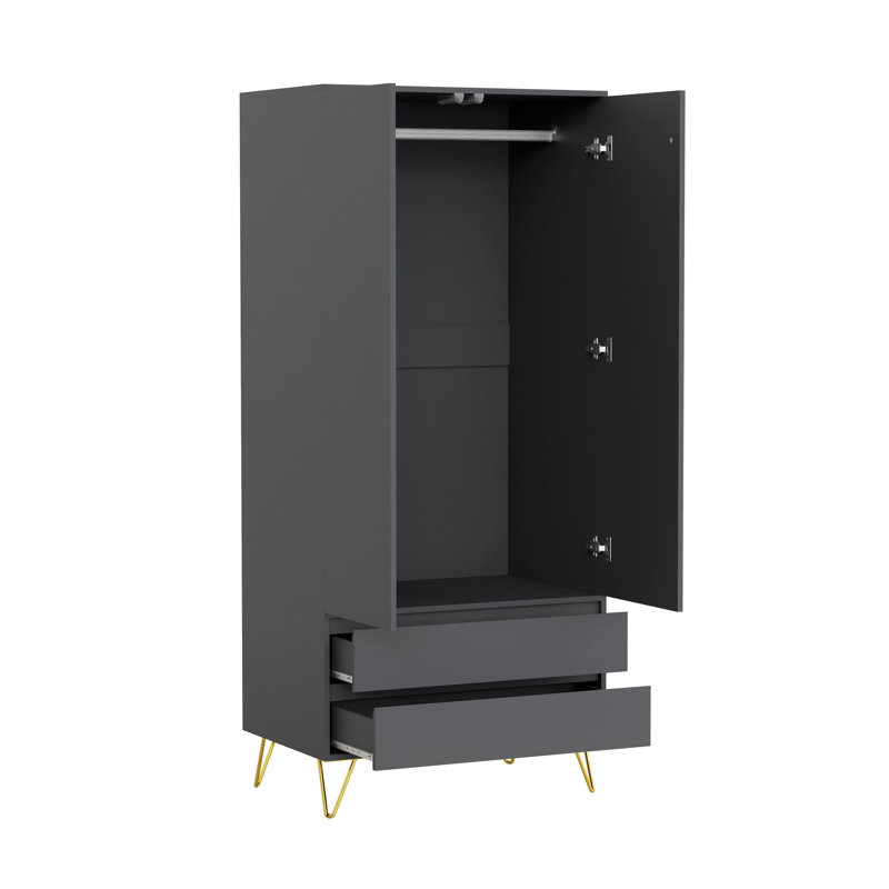 Almaas 2 Door Manufactured Wood Wardrobe, 186cm H x 81.5cm W x 53cm D, Gray