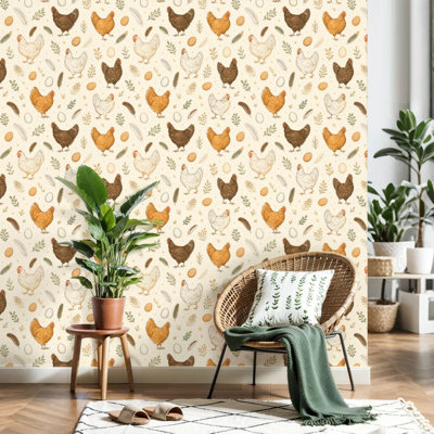 Peel and Stick Wallpaper Seamless hand drawn chickens Contact Paper Removable Self Adhesive Wall Mural Wall Decor for Bedroom Kitchen Cabinets 17.7in x 118in