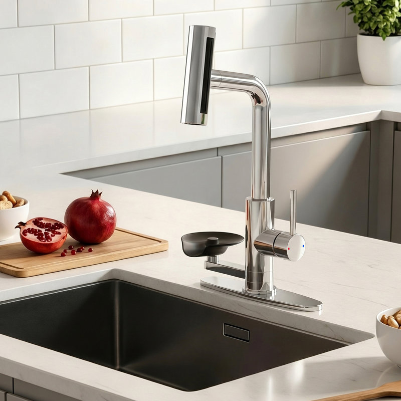Robinet de cuisine chromé rétractable avec rinçage intégré en verre et mode cascade, Chrome chrome