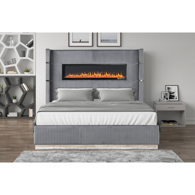 Grand lit double avec revêtement en velours et 2 ports de chaque côté avec foyer électrique rembourré gris