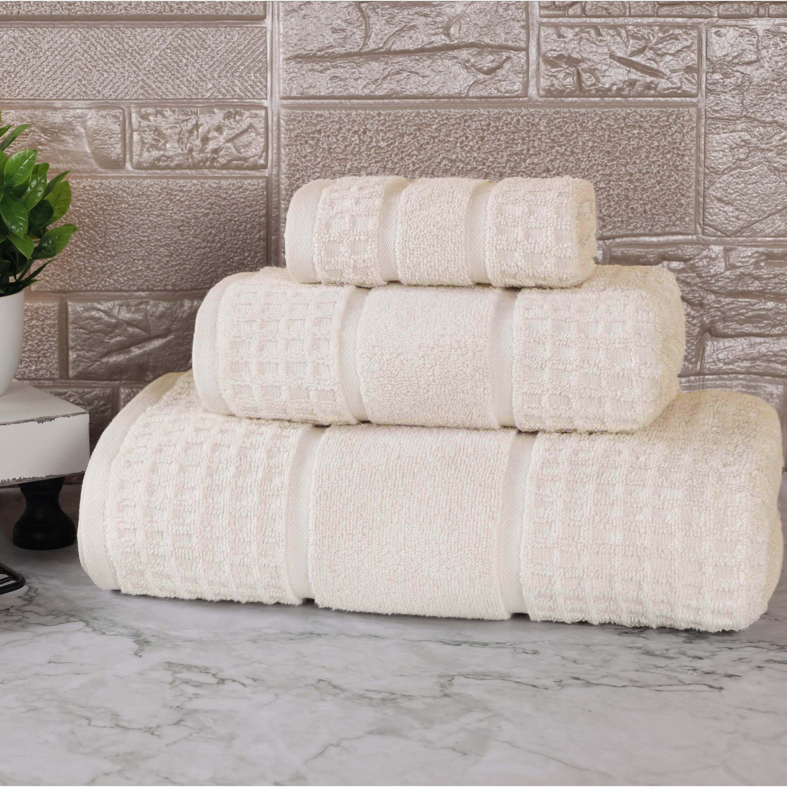 Hisela 3-Piece Waffle Cotton Towel Set, Ivory, 3 Piece Towel Set
