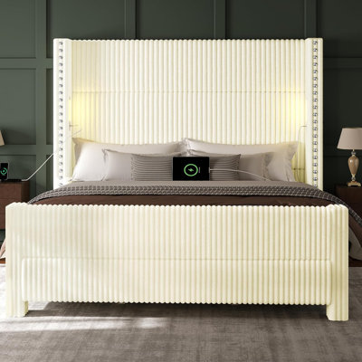 Queen Bed Frame with 56.7" Tall Headboard & Reading Lights, Corduroy Upholstered Wingback Platform Bed with Charging Station, Modern Retro Design, Noise Free, No Box Spring Required