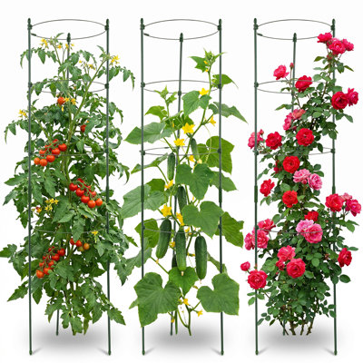 3-Pack 4-Ring Plant Support Cages, 47 Inch Tall Green Coated Metal Tomato Cages for Climbing Vegetables & Flowers