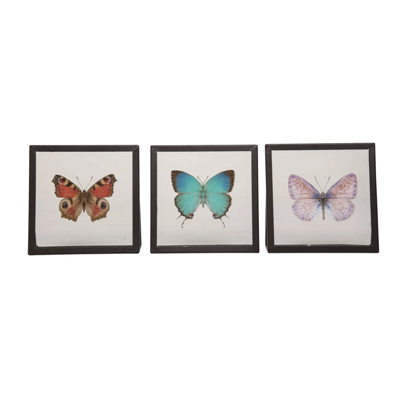  Ensemble de 3 décorations de printemps en métal / verre avec cadre papillon