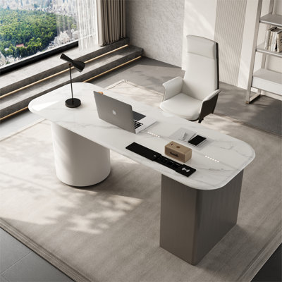 White Rectangular Sintered Stone Writing Desk,3-drawer