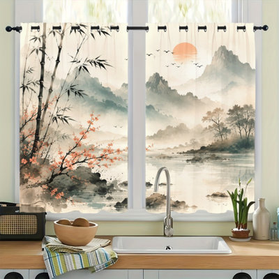 2Pcs Chinese Bamboo Blossom Landscape Print Blackout Curtains, Sunrise Mountain River Watercolor Scenery Thermal Drapes, Noise Reducing Privacy Room Darkening Window Coverings for Living Bedroom Home
