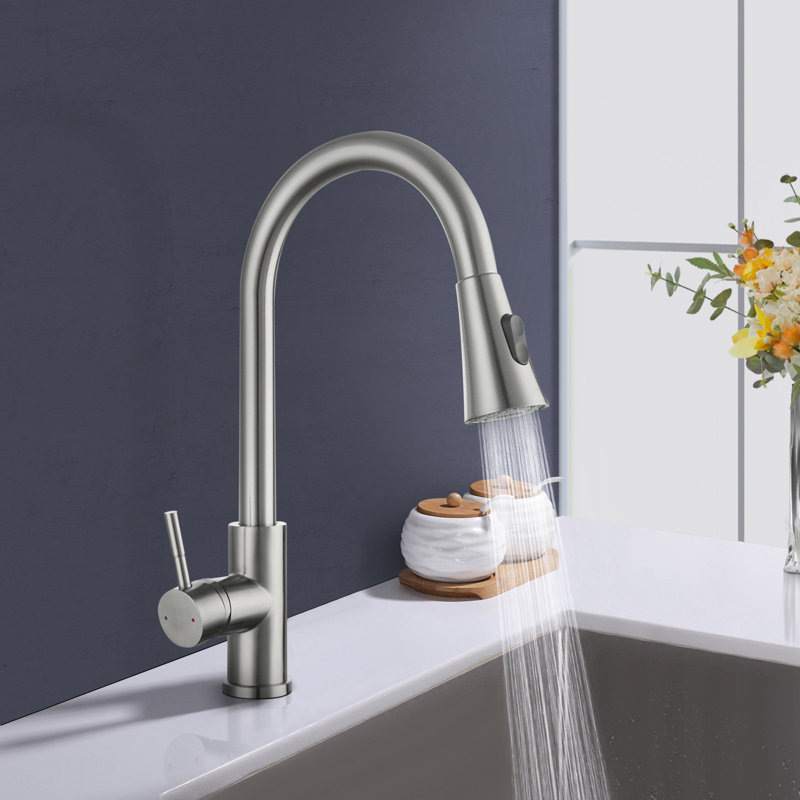 Topcraft Stainless Steel Single Handle Pull-Down Sprayer Kitchen Sink Faucet with 360° Swivel Spout, Brushed Nickel