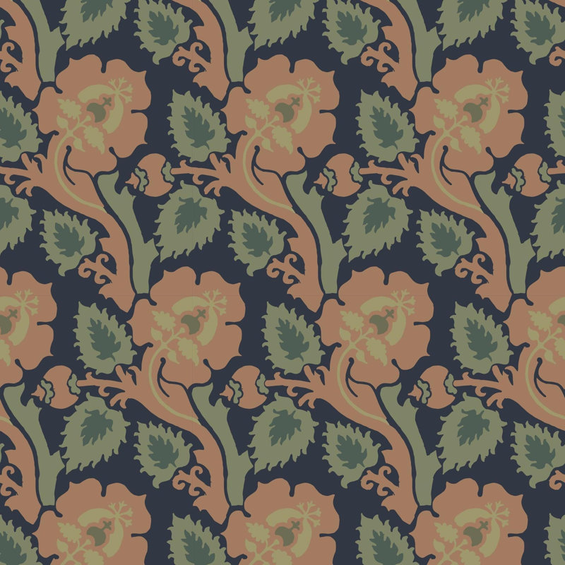 Paisley Briar - Cypress Green Botanical Wallpaper, Black; Red; Green, Faux Grasscloth, Non-Pasted