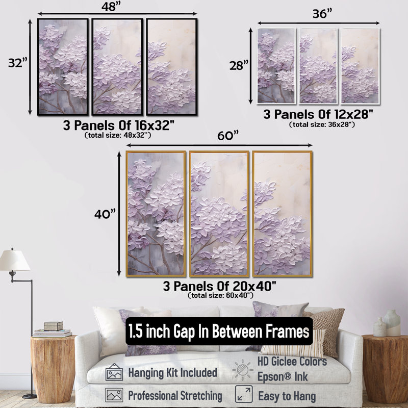 Ensemble d'art sur toile Kalvin - Lilas, H 28 po x l 36 po x P 1 po, Cadre flottant blanc