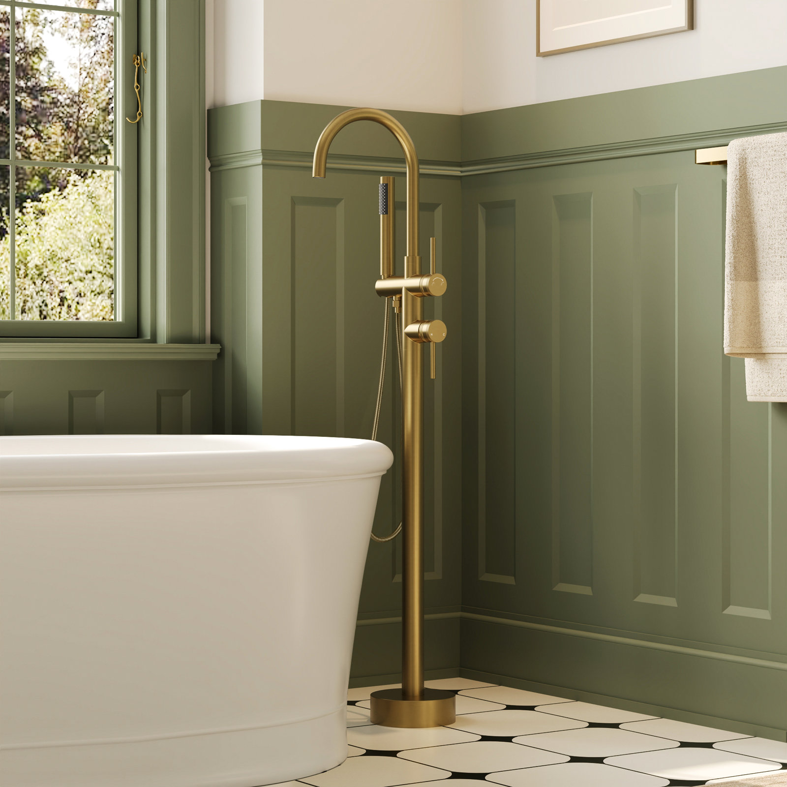 Freestanding Tub Filler with Hand Shower, Brushed Gold