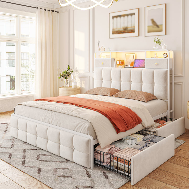 Cadre de lit double moderne rembourré avec lumières DEL, station de recharge et 6 tiroirs, Lit double, Beige