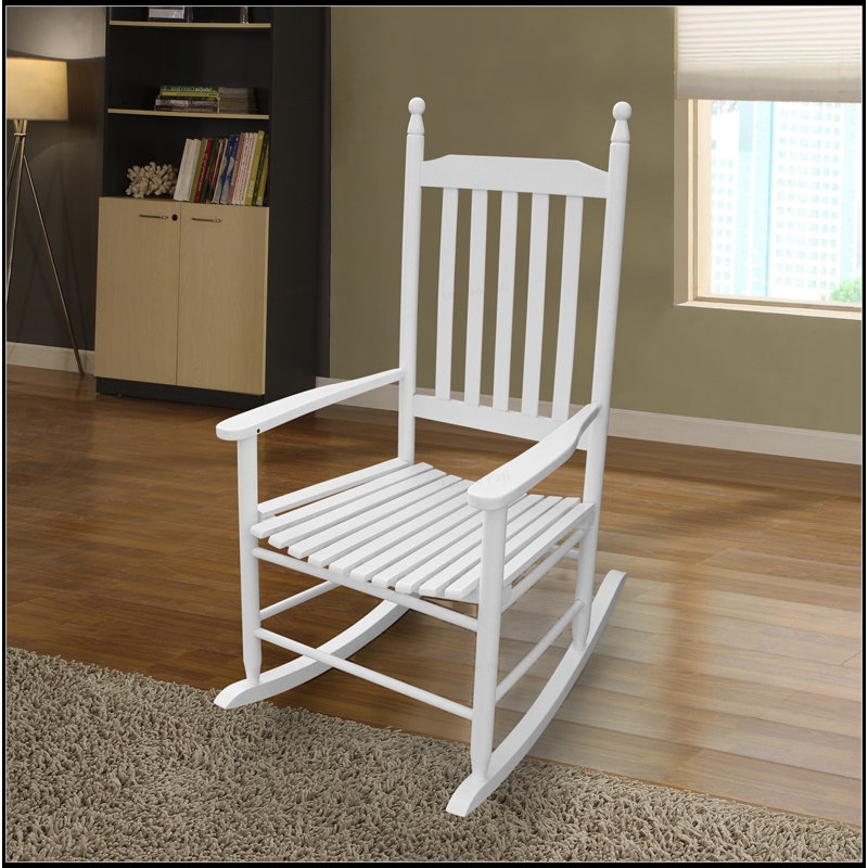 Solid Hardwood Porch Rocker Chair With Wide Seat And Armrest, Sturdy Slatted Back For Comfort And Safety, White
