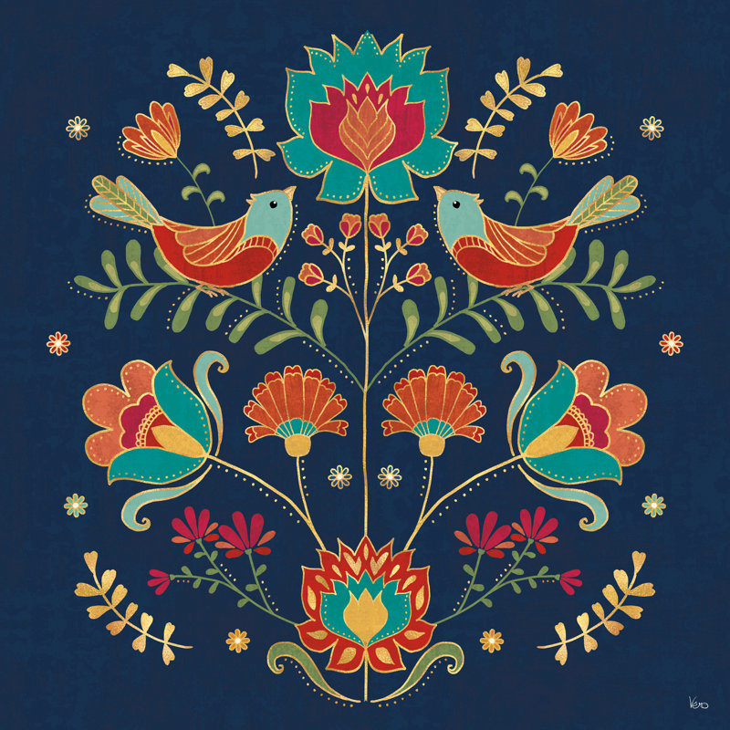 «Folk Floral II Dark» par Véronique Charron, impression sur toile tendue, H 12 po x l 12 po, Non, Toile tendue