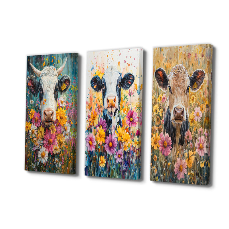 Vache marguerites avec hibiscus I - Collection d'art mural animal de vache, Toile tendue, H 28 po x l 36 po