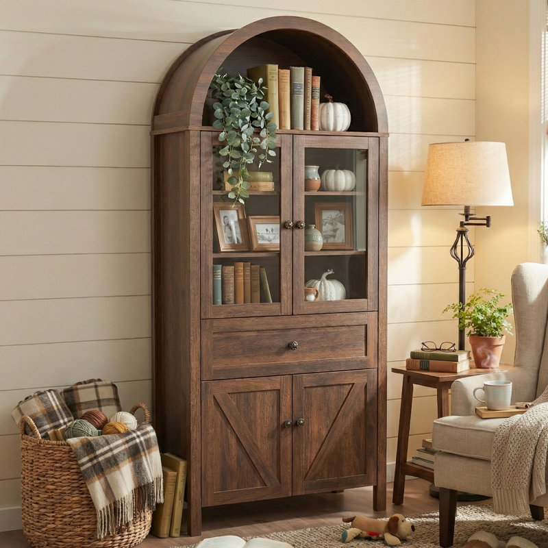 72" Arched Top Display Cabinet With Plastic Doors, Vintage Freestanding Bookshelf With Drawer & Storage, Walnut, Walnut