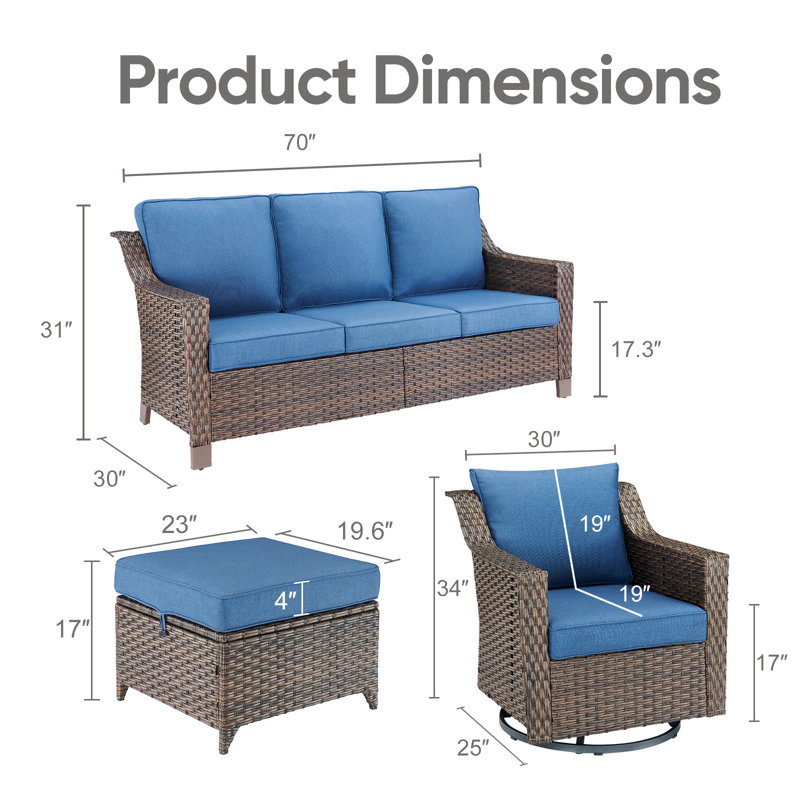 Ensemble de conversation d'extérieur pour 5 personnes avec coussins et repose-pieds Tya, Bleu