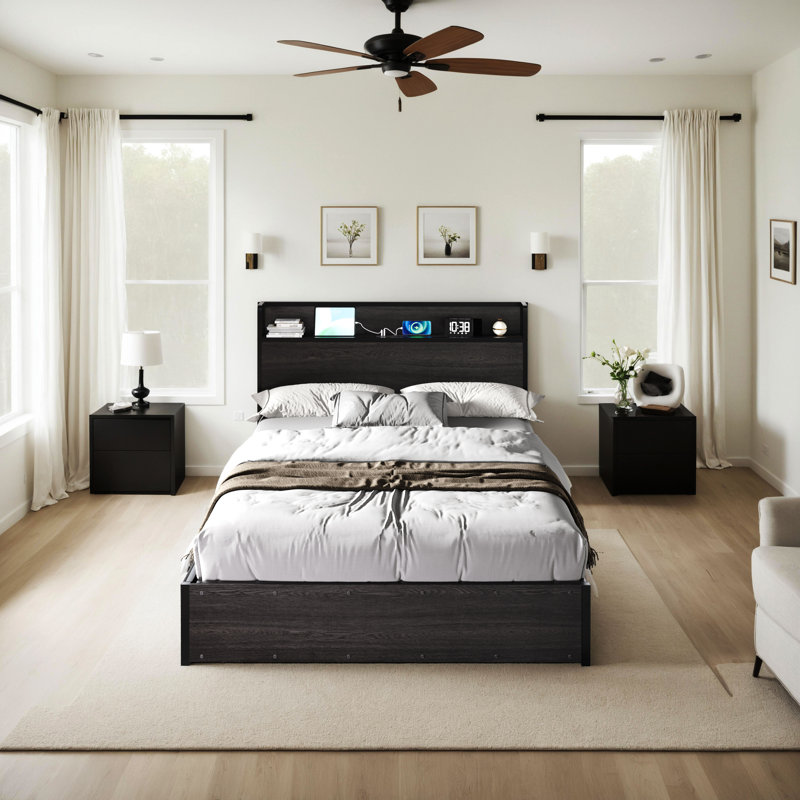 Structure de lit pour grand lit avec station de charge Tryston, noir, Noir, Grand lit
