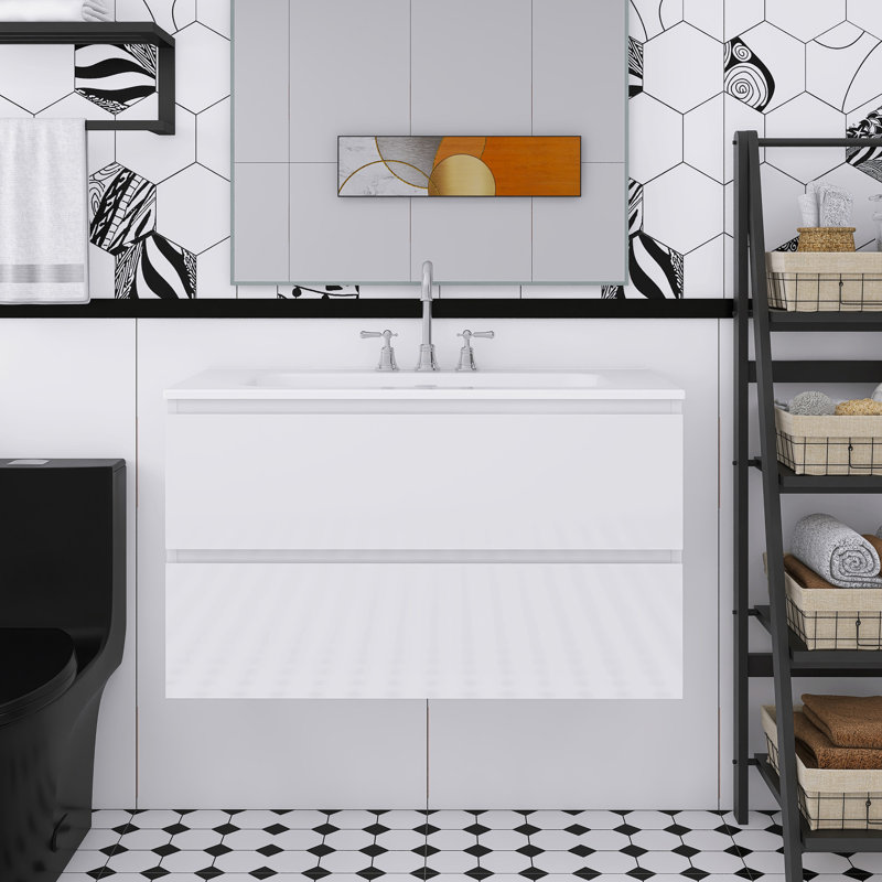 Meuble-lavabo flottant mural 36 po avec lavabo en céramique blanche, Blanc