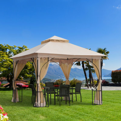 Pavillon de jardin extérieur avec double toit et circulation d'air - 10 pi x 10 pi, structure en acier beige à double stabilité pour jardin, terrasse