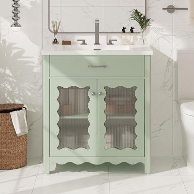 Meuble-lavabo 31 po avec verre trempé, armoire de salle de bain moderne avec pieds en bois d'hévéa et portes à fermeture douce, vert