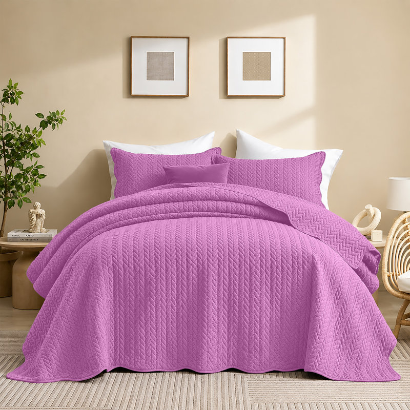 Microfiber Embossed Oversized Modern & Contemporary Bedspread Set With Shams, King Bedspread + 2 Pillowcases, Purple