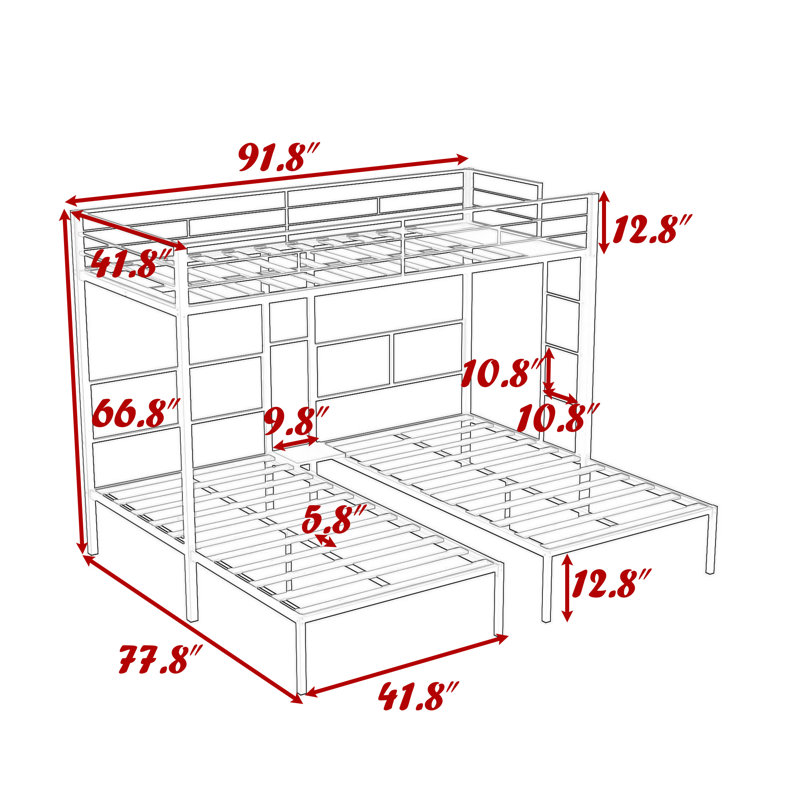 Twin Over Twin And Twin Metal L-Shaped Triple Bunk Bed With Built-In Side Table And Ladder