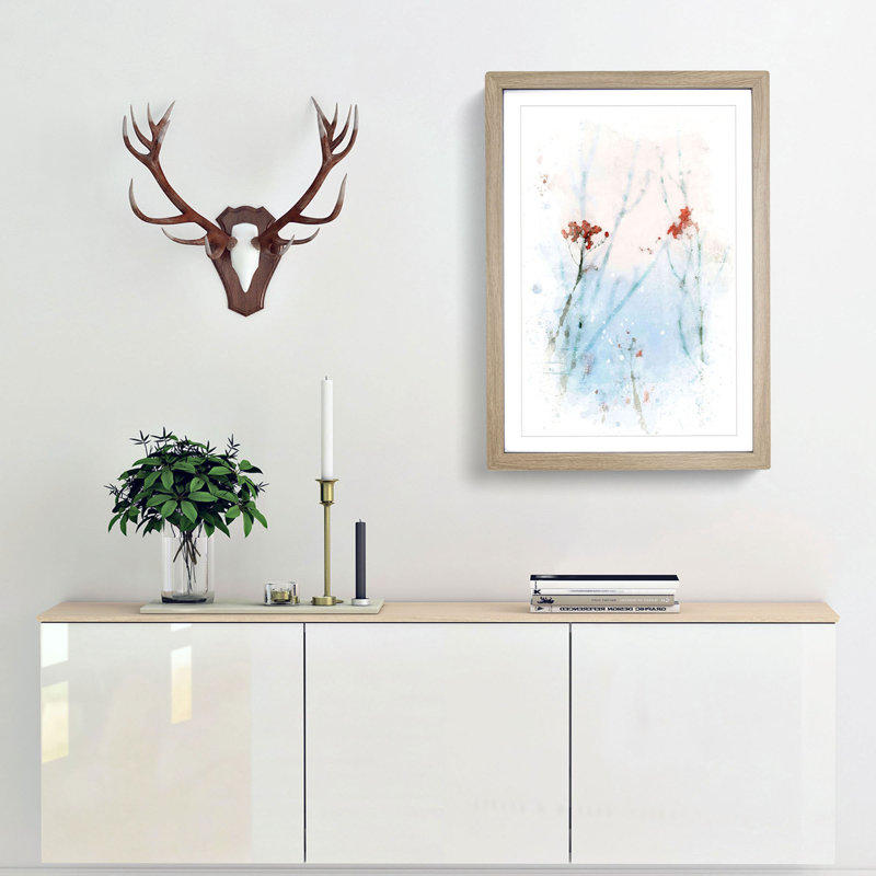 Branches of Red Berries in Abstract - Picture Frame Painting Print, 65cm H x 48cm W x 2cm D, Oak Framed