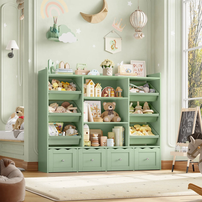 🧸 4-Tier Kids Bookcase with Drawers and Bins, All-in-One Toy Storage Organizer for Playroom, Green
