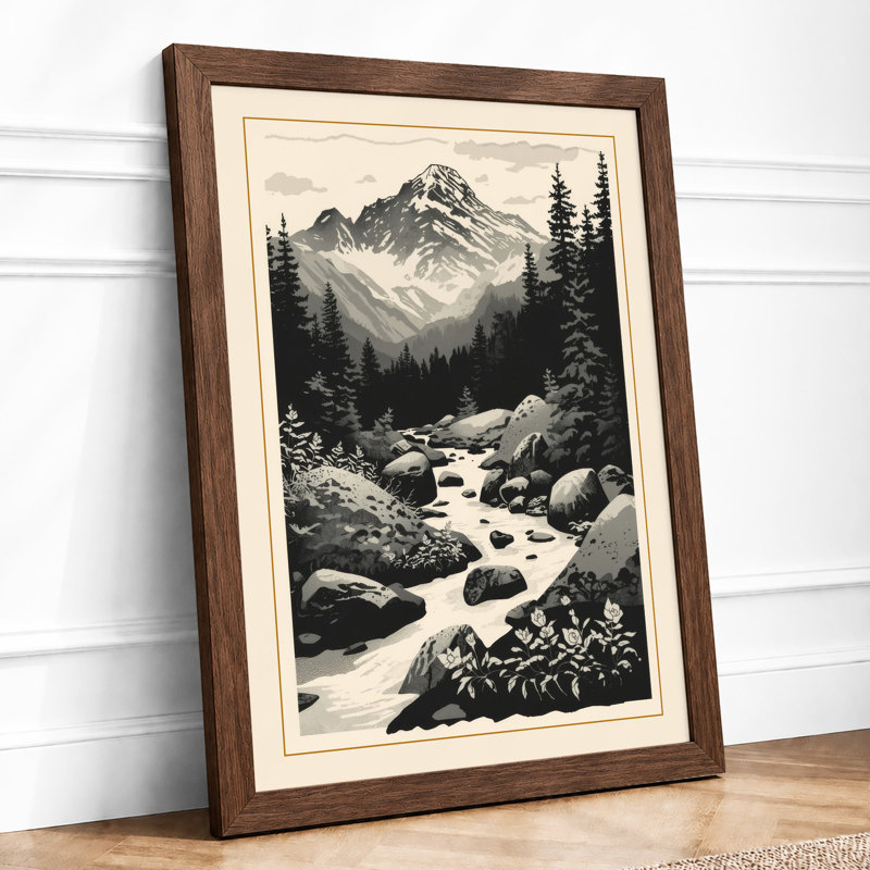 Mountains at Stillness Scandinavian - Framed Print, A4 - 29.7 x 21.0 cm, Walnut