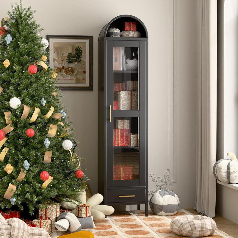 73''h Metal Arched Bookcase Cabinet, Arch Display Storage Cabinet With Glass Doors & Shelves And 1drawer For Living Room, Kitchens,office, Black, Assembly Required
