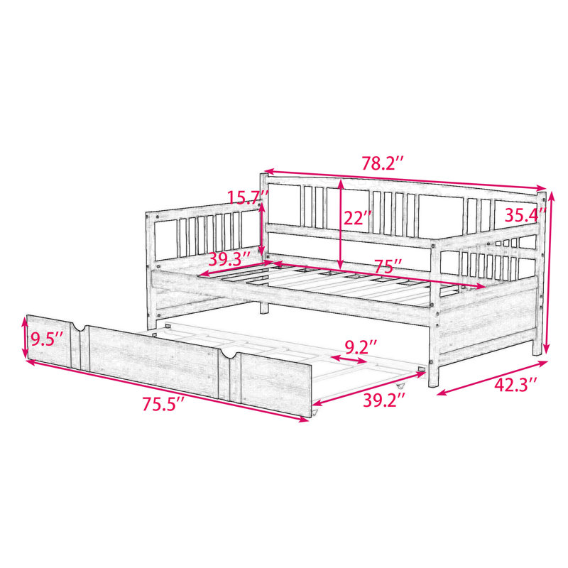 Jaye Wooden Daybed with Twin Size Trundle, Espresso, Twin