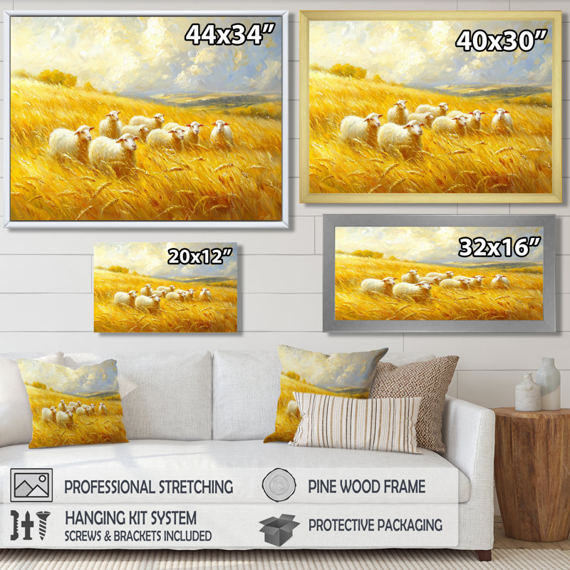 Golden Fields of Sheep I - Sheep, art mural, H 30 po x l 40 po, Reproduction d'une seule photo avec cadre, Noir