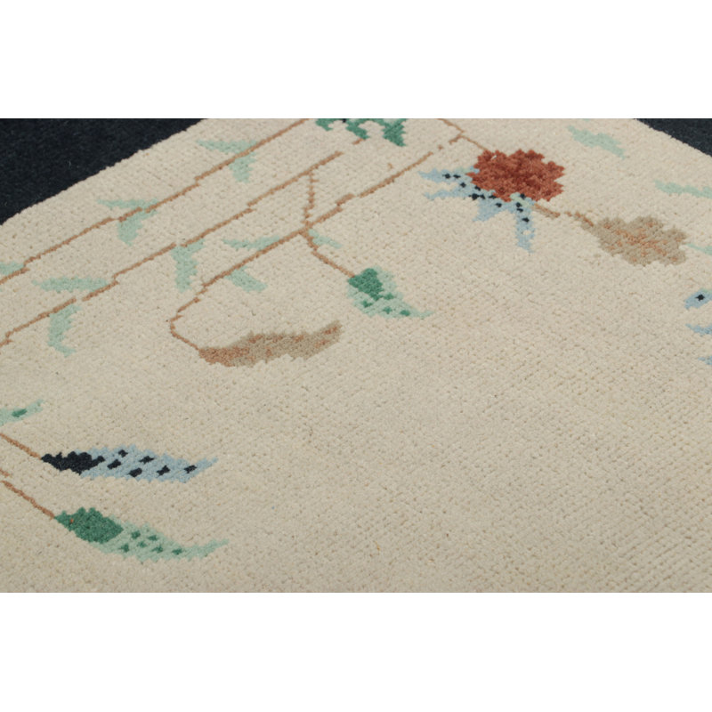 Rug & Kilim’S Chinese Deco Rug In White With Floral Patterns And Navy Border