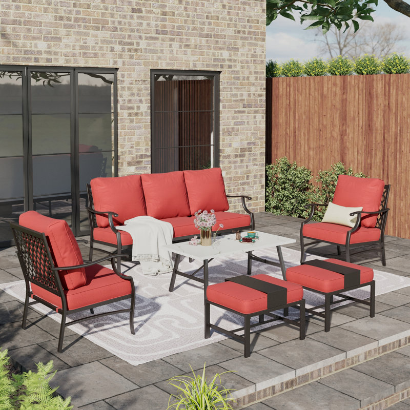 Asfand 5-7- Person Patio Conversation Set with Optional Ottoman, Red, Yes