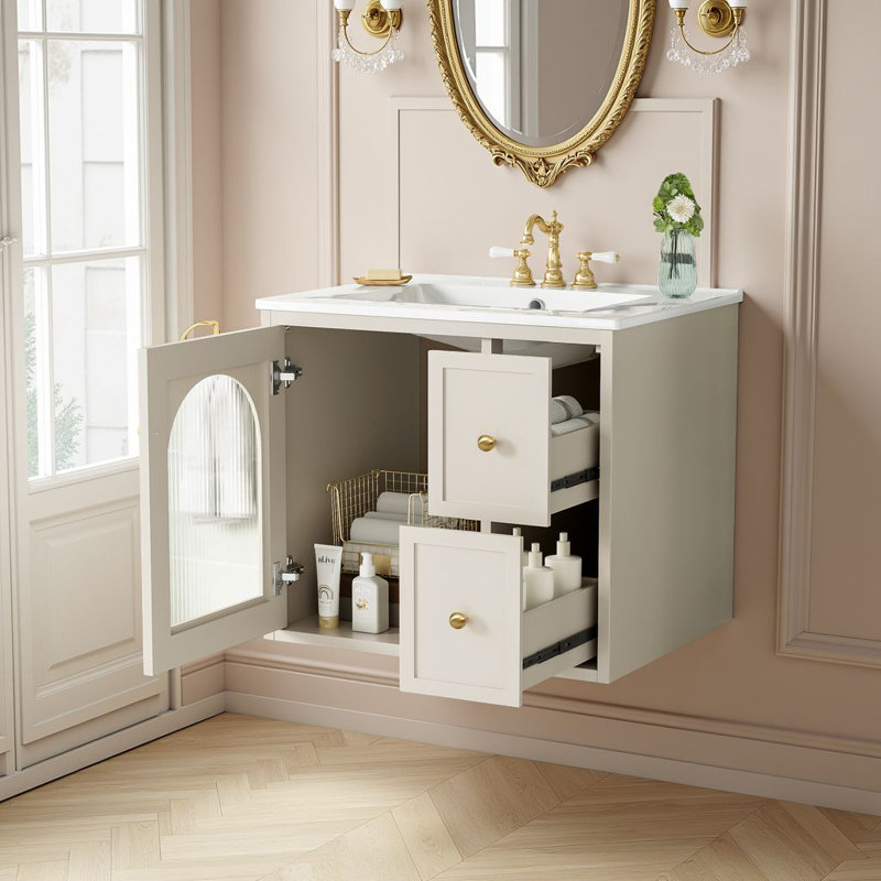 Tour de meuble-lavabo simple 24 po avec lavabo en céramique et armoire de rangement, 2 tiroirs et 1 porte à fermeture en douceur