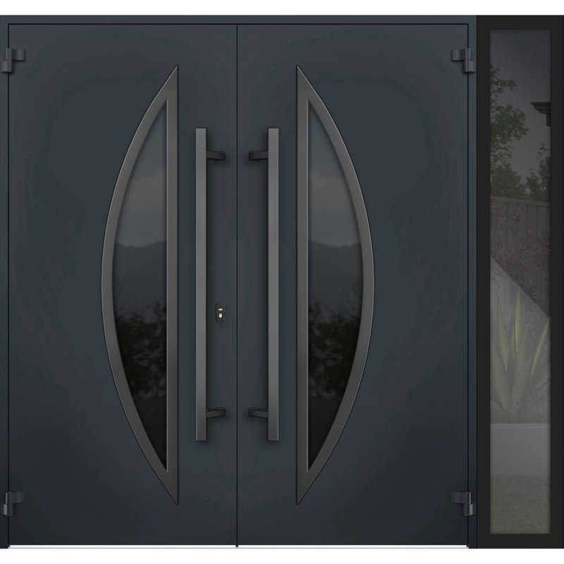 Façade extérieure avant double portes en métal / deux fenêtres en verre anthracite teinté émaillé anthracite / deux avec fenêtre extérieure Sidelite / entrée moderne peinte à gauche 84 po x 80 po