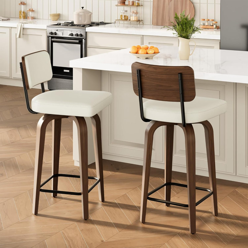 Ensemble de 2 tabourets de bar pivotants blancs, hauteur de comptoir 26 po, similicuir, pieds en noyer, grands coussins