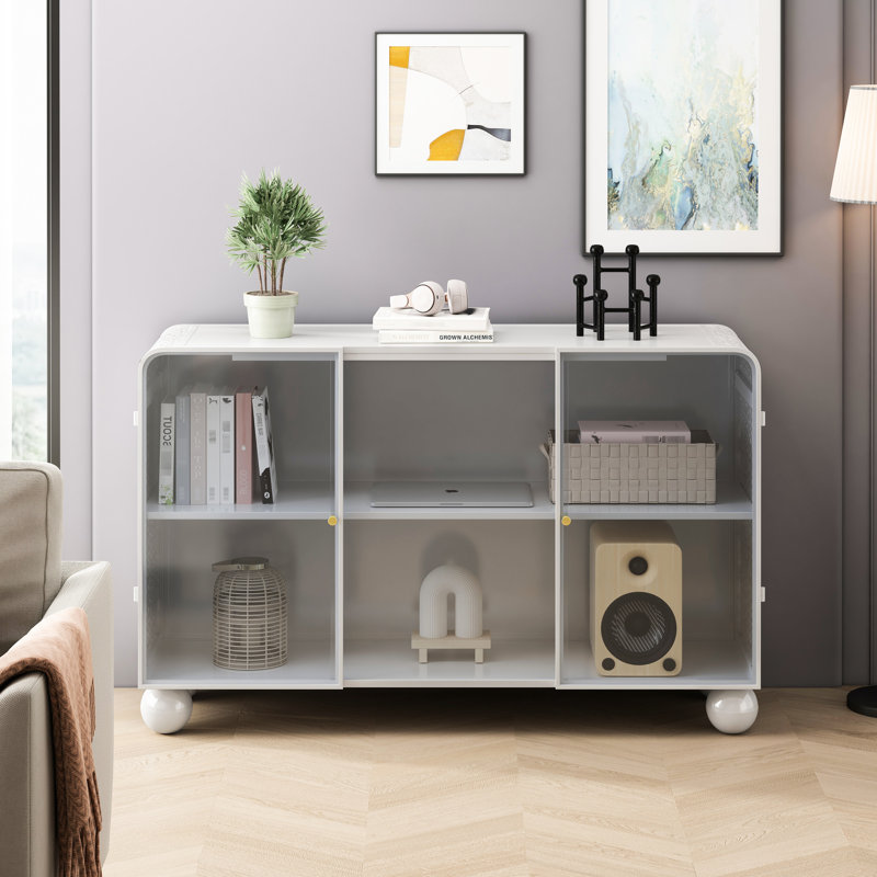 Armoire de rangement blanche en verre de 46,29 po. Style moderne. Pour la cuisine, le salon, la salle de bain. Polyvalente. Porte coulissante. Fabrication. Plafond de plancher facile à assembler en blanc. Style pour la maison. Polyvalent
