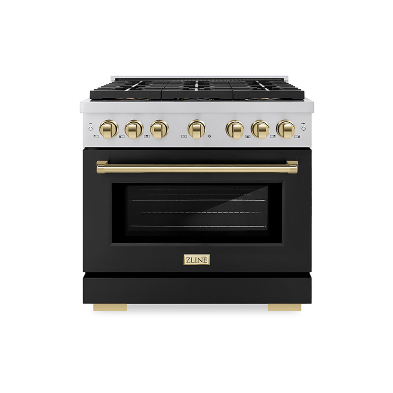 ZLINE Autograph 36 po. Cuisinière à gaz avec 6 brûleurs DuoPro avec porte noire et décorations dorées, Noir mat, Or poli