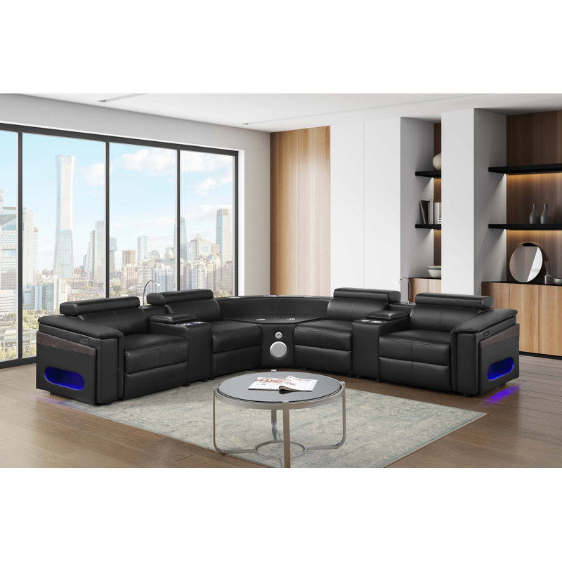 Canapé modulaire moderne avec console de lecture et système de divertissement Bluetooth, Tissu - Noir
