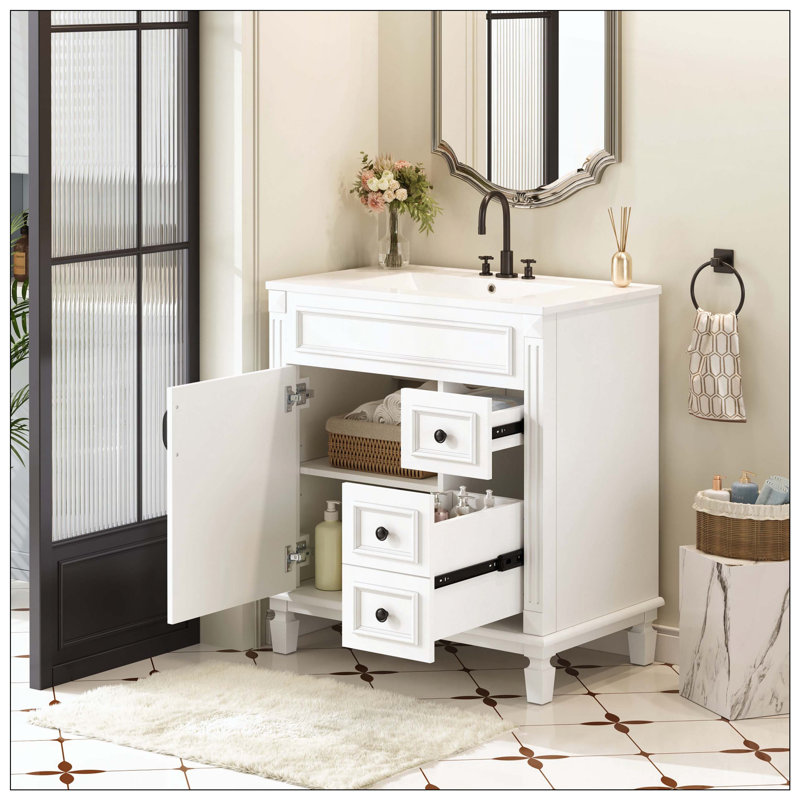 Petit meuble-lavabo en céramique 2 tiroirs, Blanc