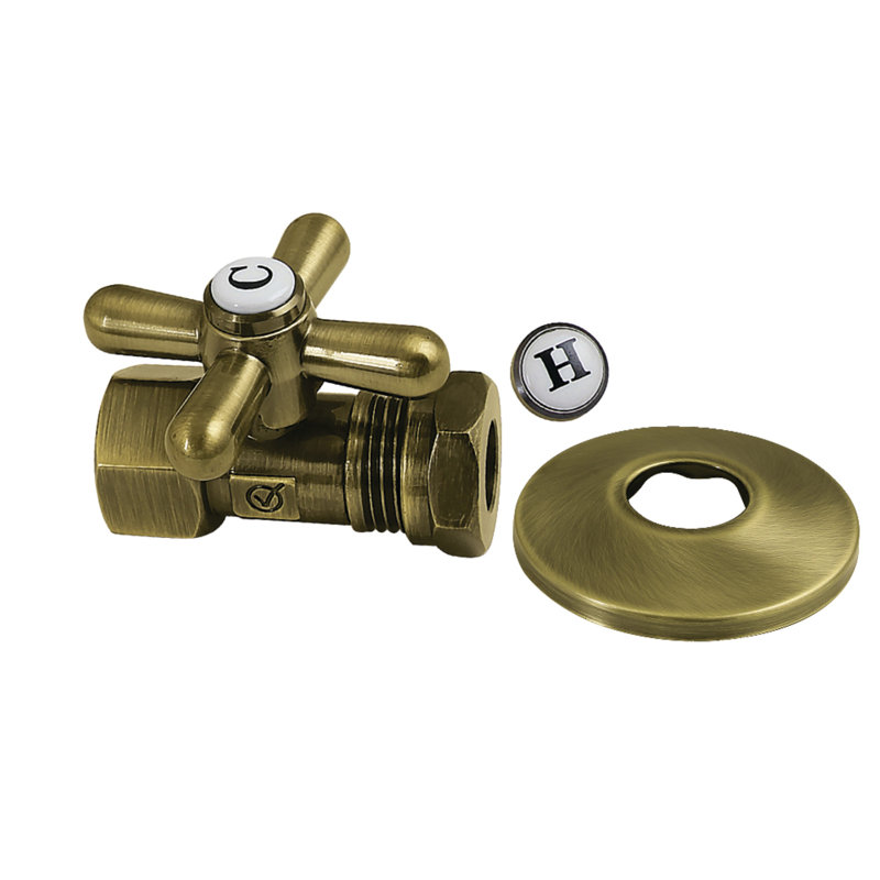 Kingston Brass Vintage 1/2-Inch FIP x 1/2 or 7/16-Inch Slip Joint Quarter-Turn Straight Stop Valve with Flange, Antique Brass