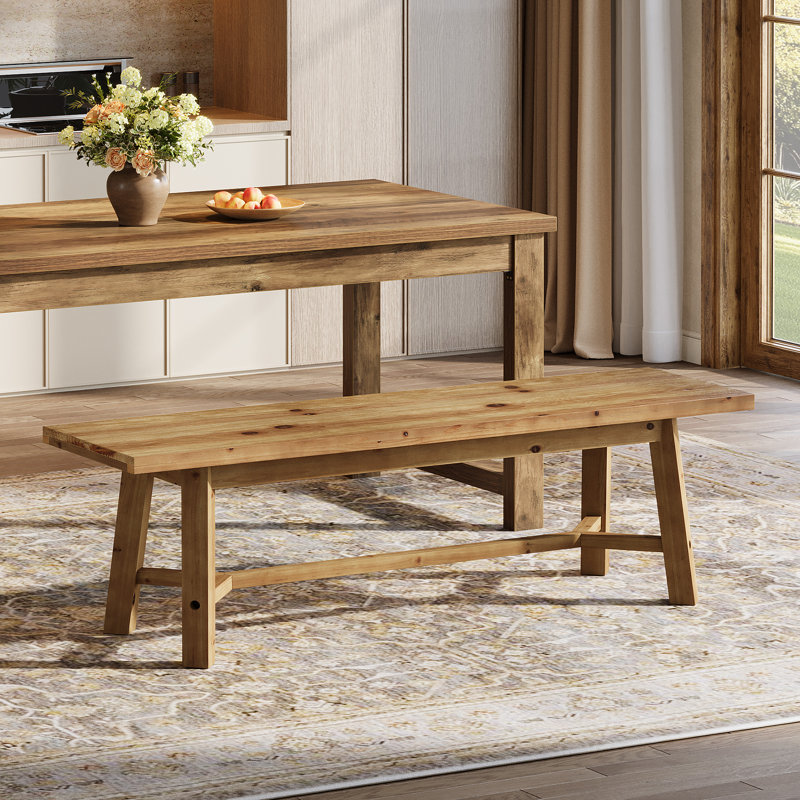 55.12-inch Solid Wood Dining Bench, Farmhouse Long Kitchen Bench With Strengthened Legs For Dining Room, Kitchen, Restaurant, Natural Brown