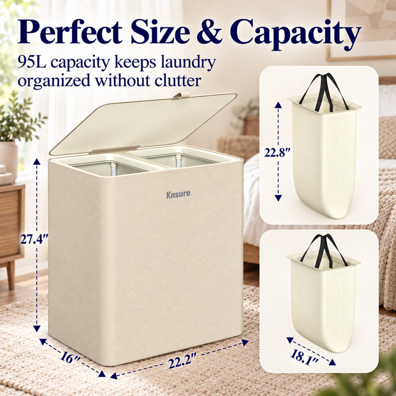 Laundry Basket 95L – Large Laundry Hamper with Lid, 2-Compartment Divided Clothes Sorter with Removable Hamper Bags, Beige Organizer for Laundry Room, Bathroom & Bedroom, 22.2" x 16" x 27.4"
