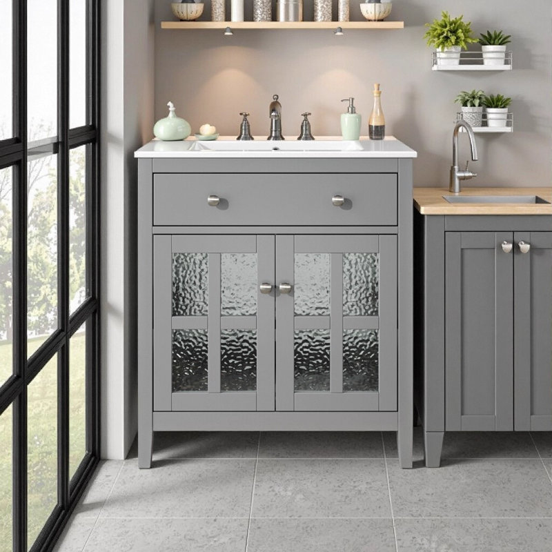 Meuble-lavabo de 30 po avec lavabo en céramique, pieds en bois massif, tablette réglable et plateau basculant, charnières à fermeture en douceur, gris